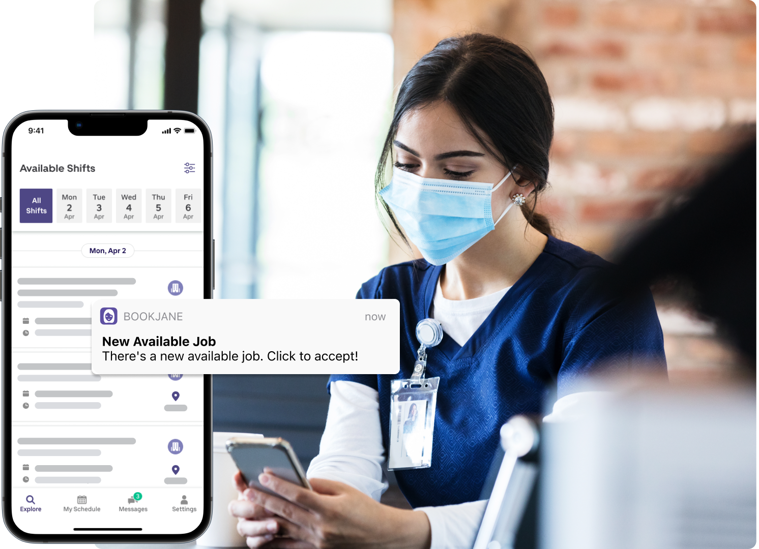 Nurse holding a phone while using BookJane app showing available shift for a healthcare worker to accept