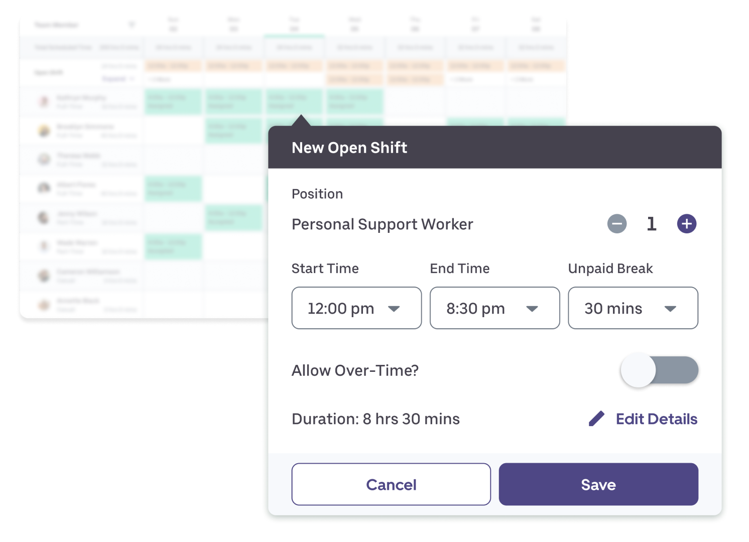 BookJane scheduling platform showing new open shift for a personal support worker