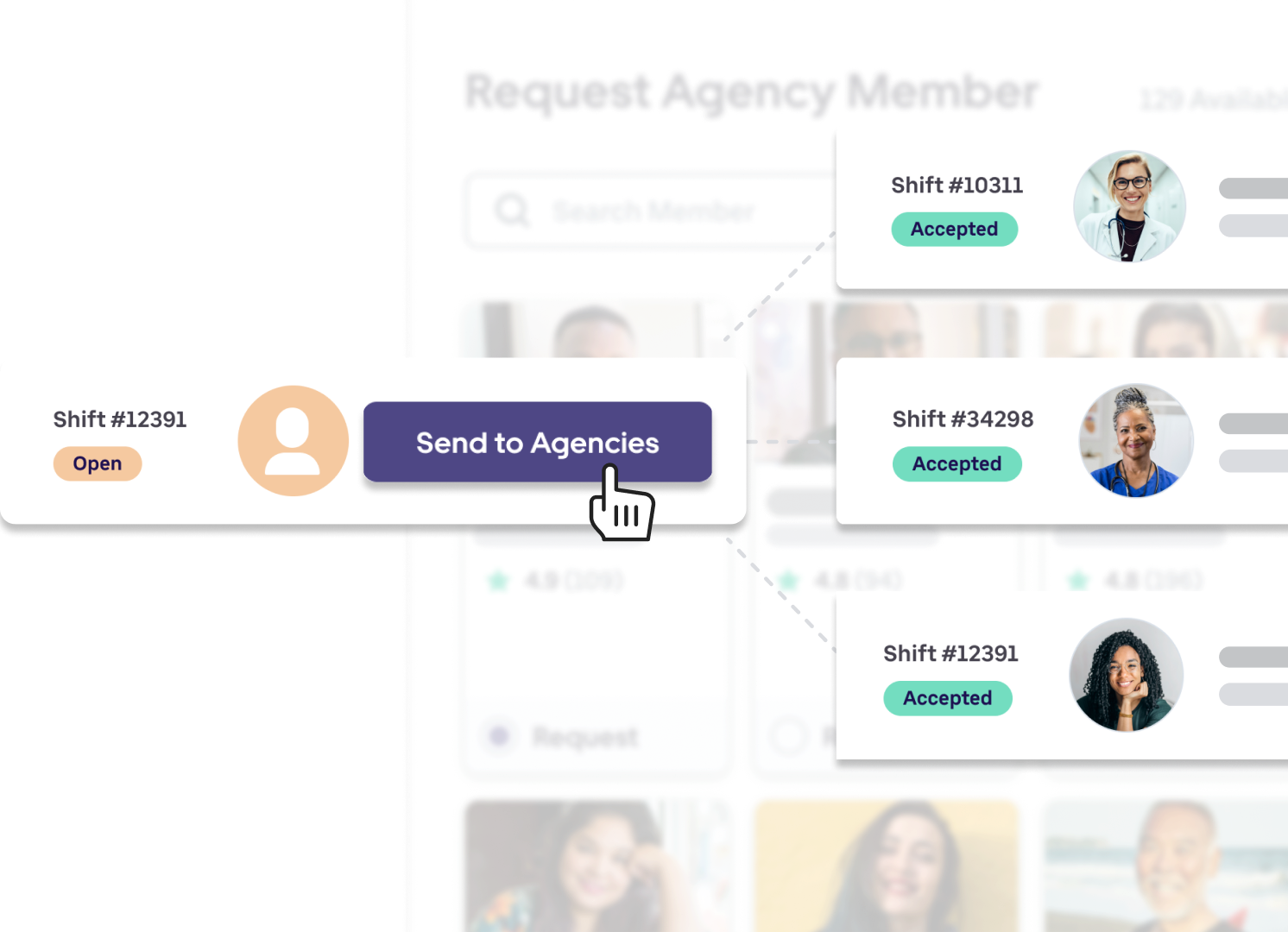 BookJane Carenetwork showing sending a an open shift to a healthcare workers to agencies
