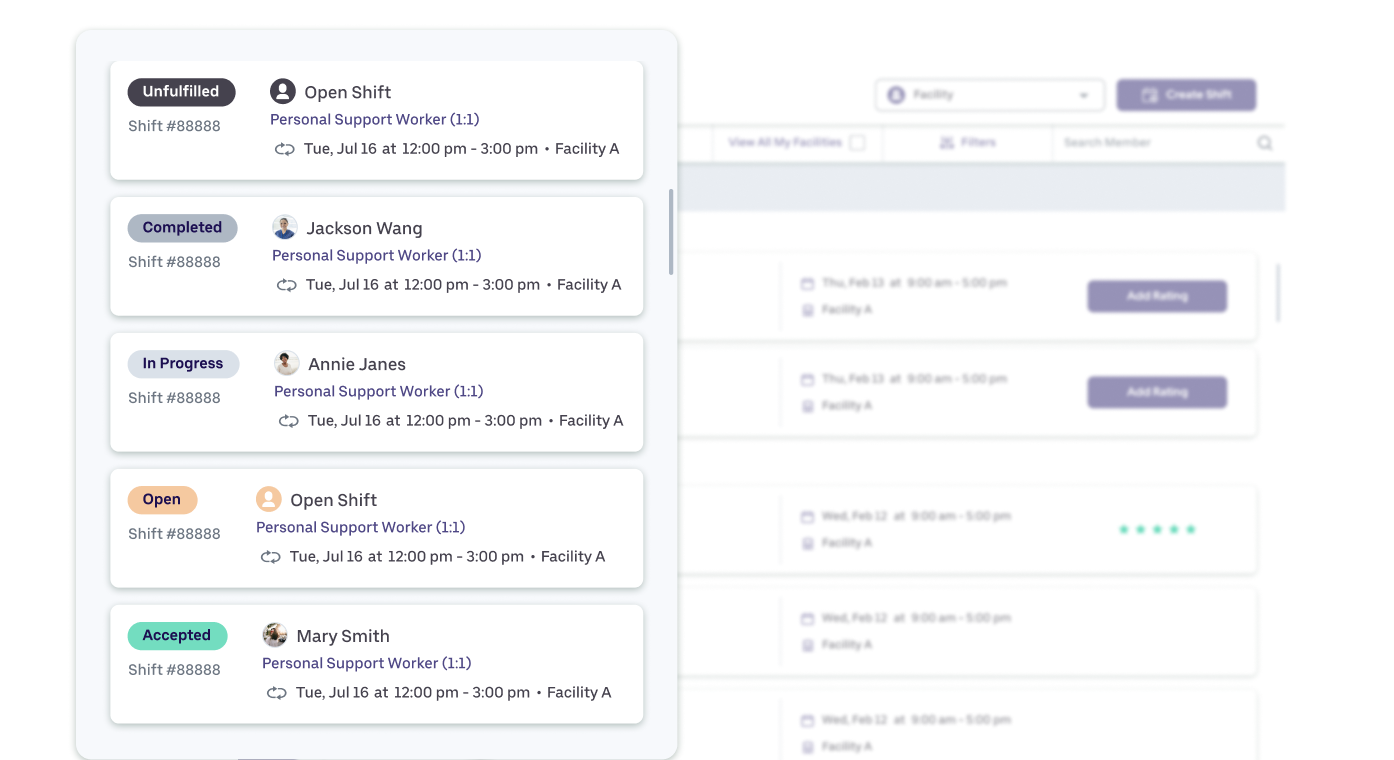 BookJane Internal agency feature showcasing status of shiftsV2