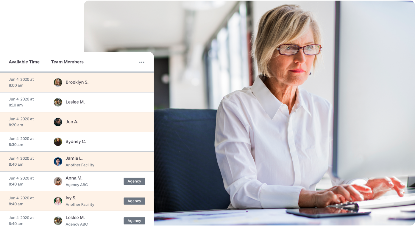 Older female calling out healthcare staff on a desktop via BookJane Platform