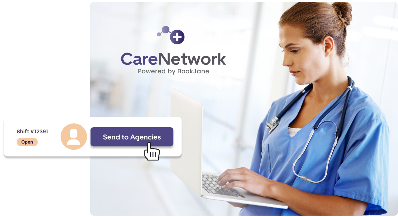 Nurse searching CareNetwork for qualified staff on her laptop