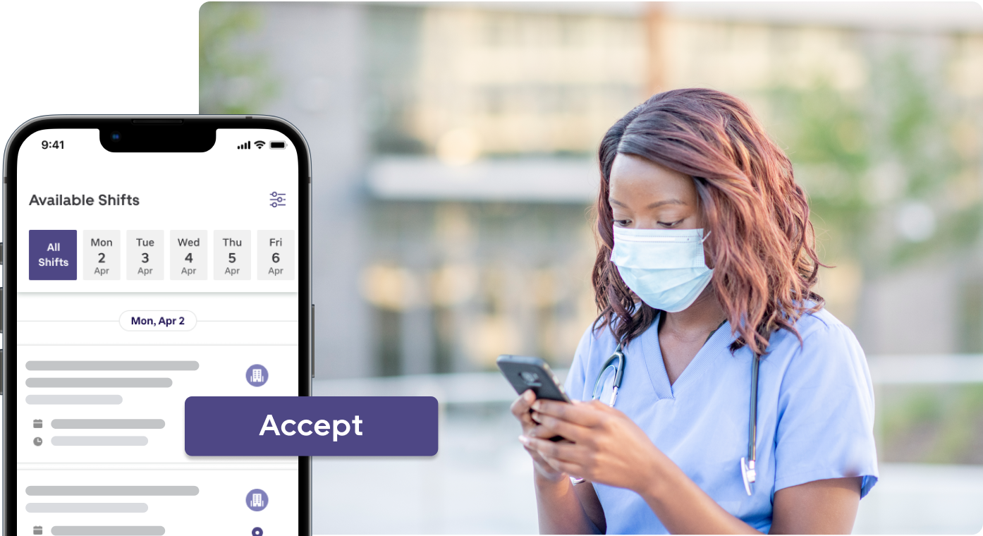 Nurse with a face mask one her phone accepting shifts via the BookJane app