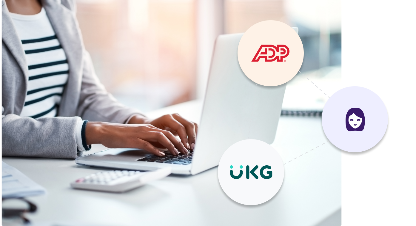 Professional woman typing on a laptop with ADP, UKG and BookJane logo icons