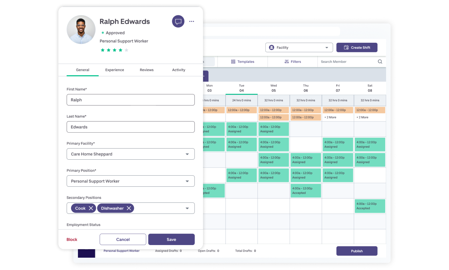 J360 Workforce scheduling tool showing assigner and open shifts with a shift detail of a personal support worker