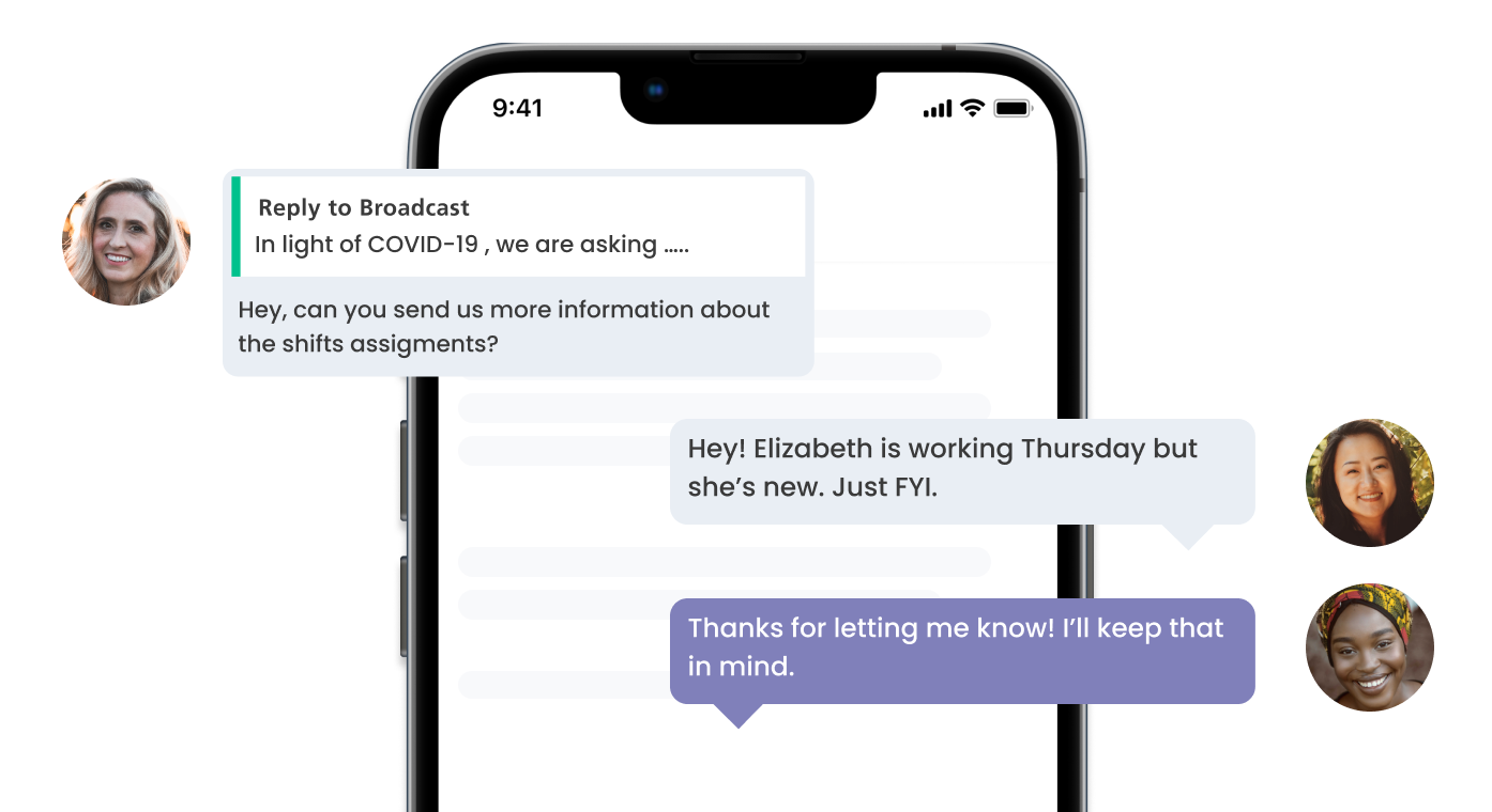 Mobile Phone showing conversation between healthcare workers and admins via the BookJane App