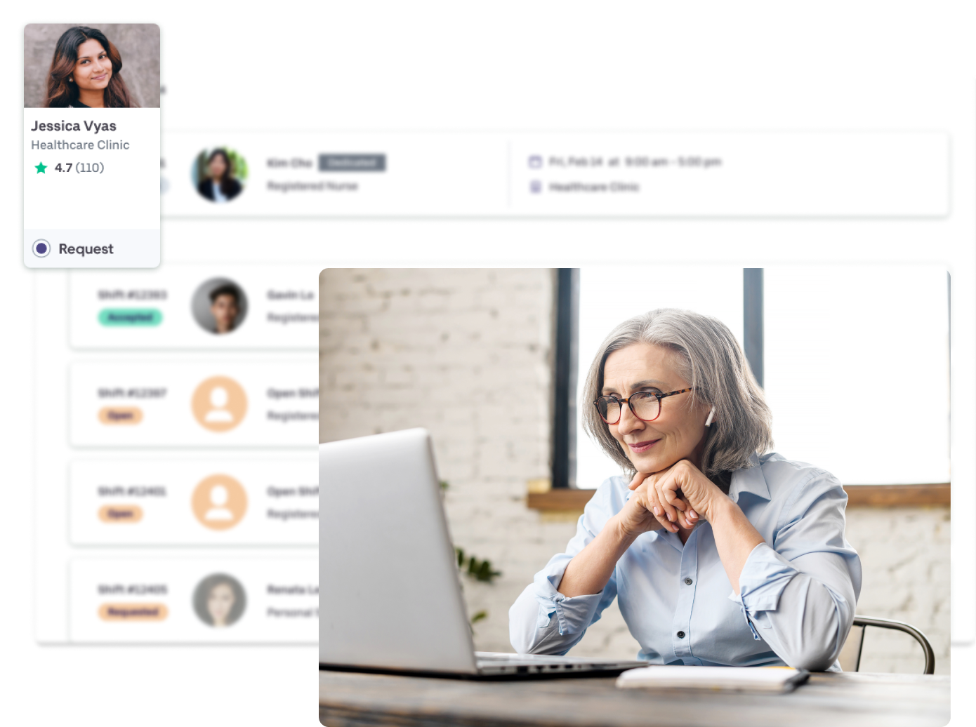 Older Woman sitting at a table looking into a laptop with BookJane dashboard in a background