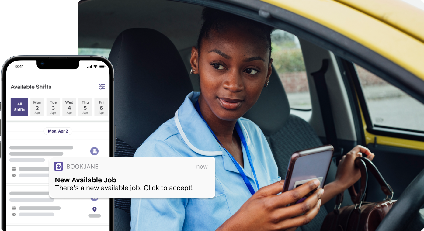 Nurse accepting a BookJane shift in a car